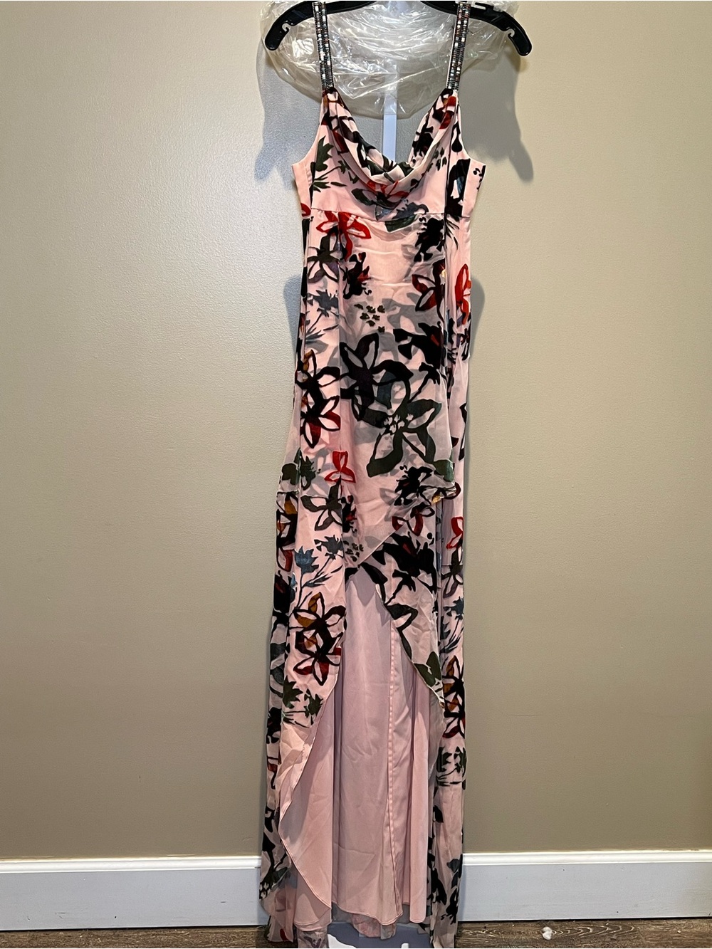 Nicole Miller Runway Pink Floral High-Low Cowl Neck Maxi Dress
